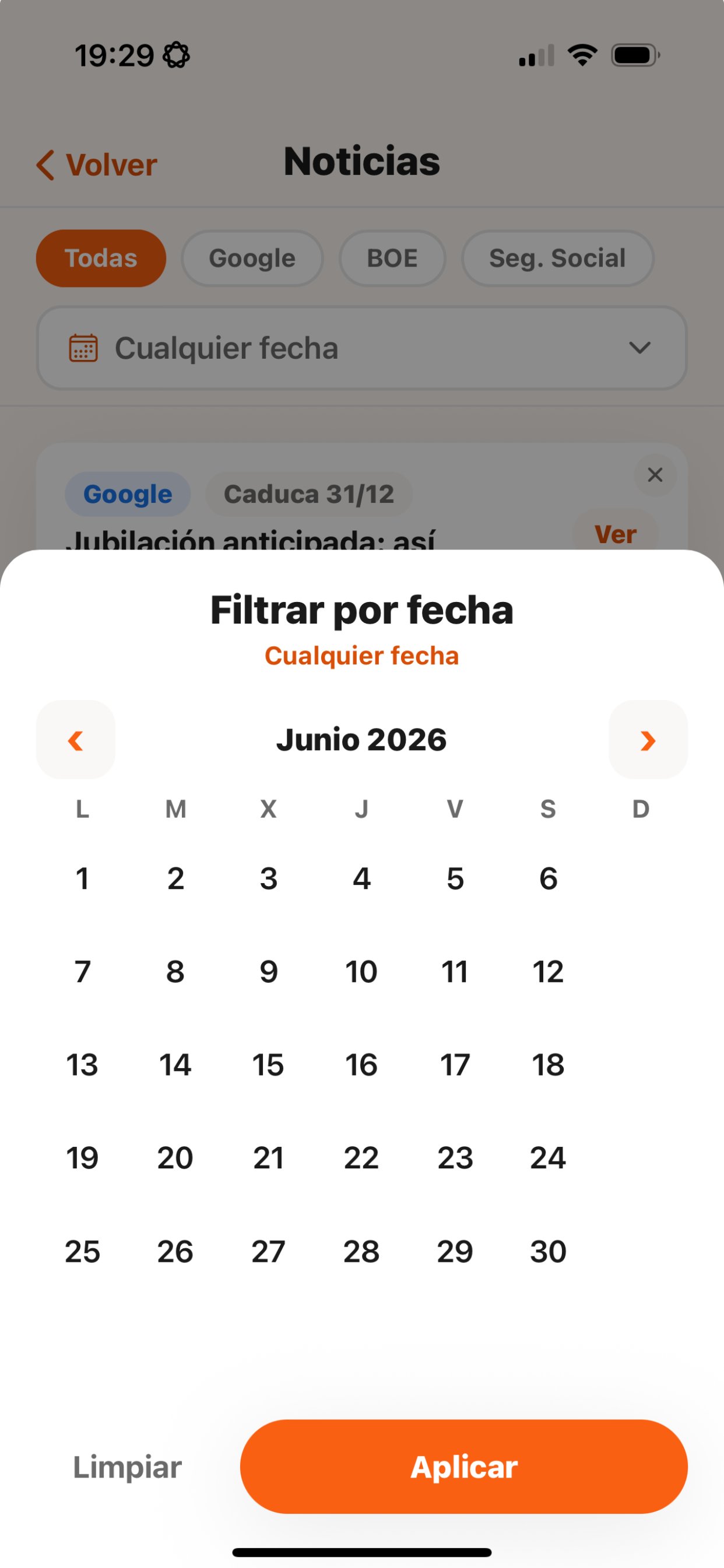 Noticias de jubilación con filtros por fuente